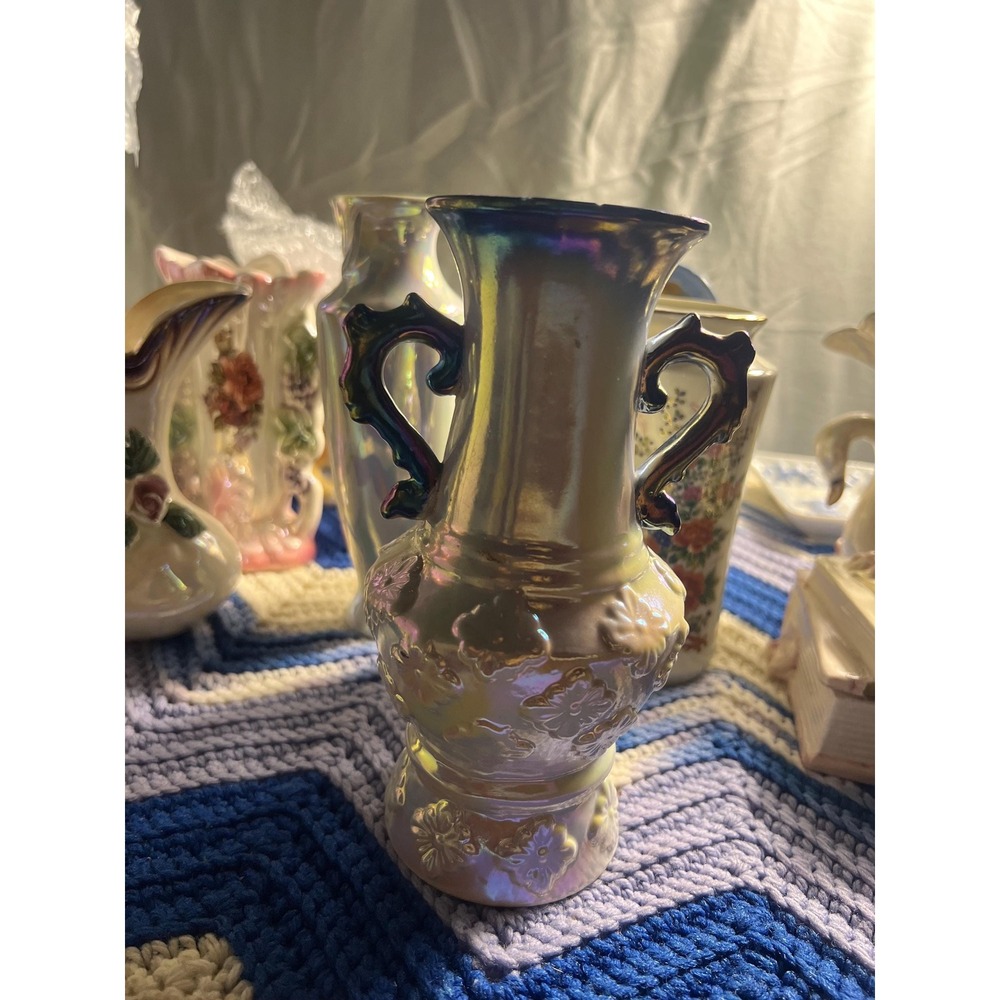 Mid Century Lusterware Urn Vase Pearl Opalescent Embossed Flowers Vintage